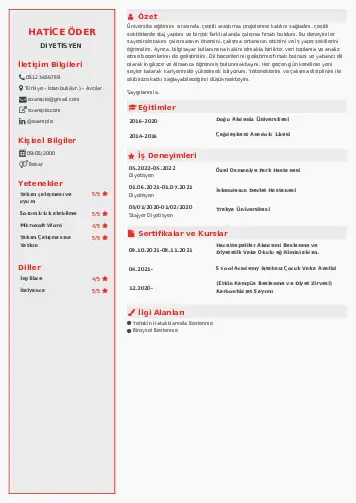 Beslenme Uzmanı Diyetisyen CV Örnekleri cv indir